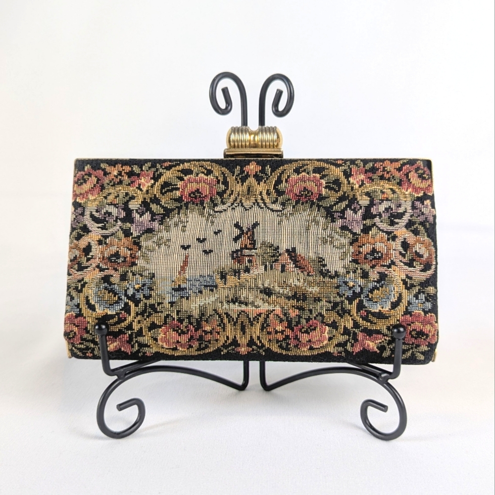 Vintage Armando del Storti Needlepoint Tapestry Clutch Italian Windmill Brass